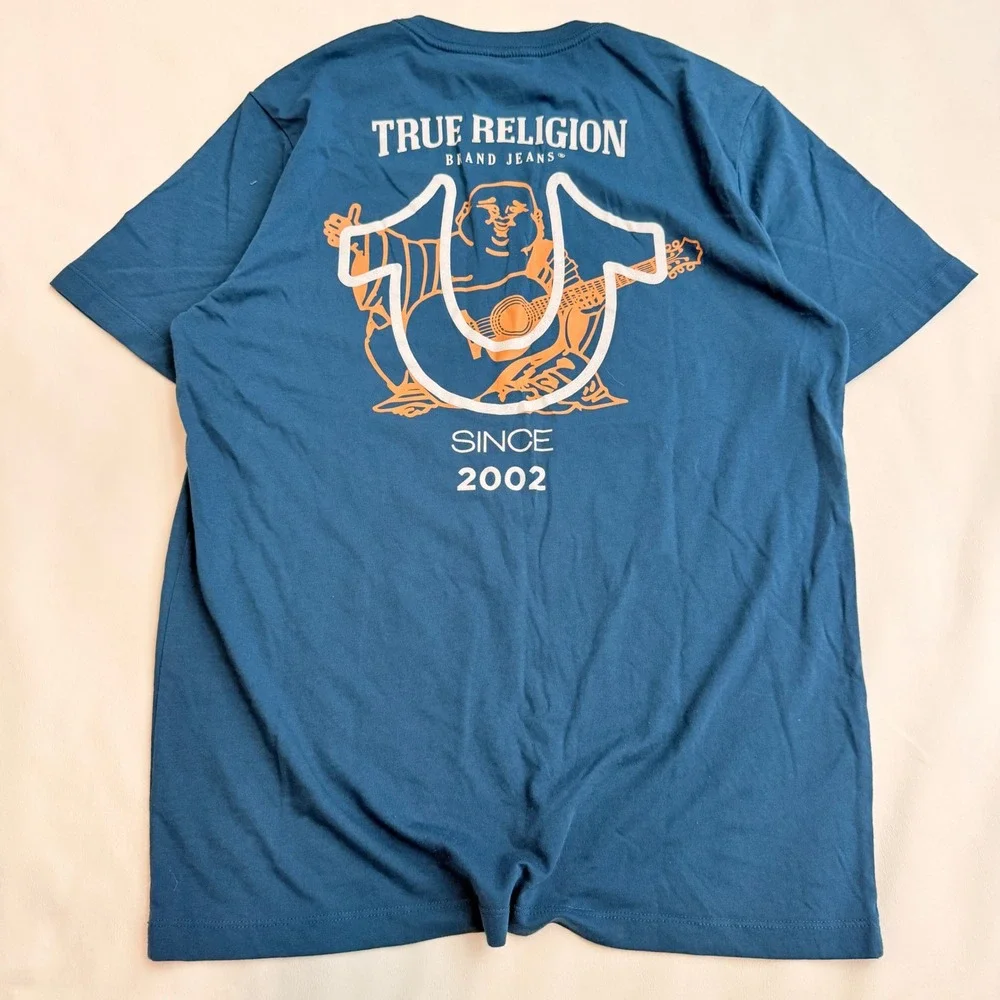 True Religion T-Shirt Mens Medium Blue Buddha Graphic Since 2002 Logo Tee